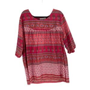 The Vermont Country Store Boho Printed Peasant Top Pink India Cotton